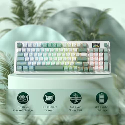 Redragon K719 Wireless Gasket Gaming Keyboard w/Hype Screen & Knob, 95 Keys Mechanical Keyboard, Easy-Control 1.14’’ TFT Info Display, 5-Layer Noise Dampening, Custom Linear Switch, Jade Cloud Color image