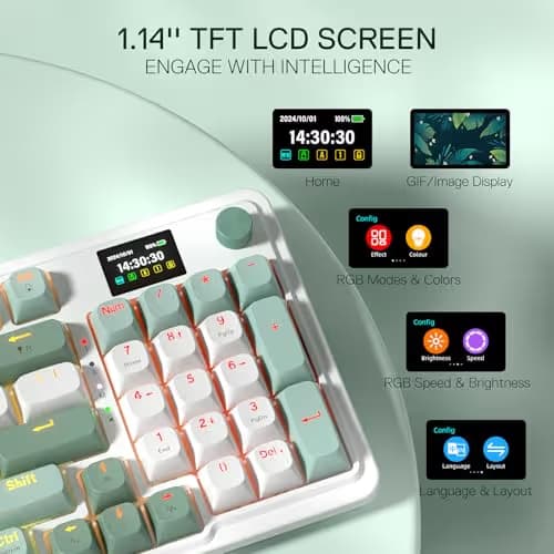 Redragon K719 Wireless Gasket Gaming Keyboard w/Hype Screen & Knob, 95 Keys Mechanical Keyboard, Easy-Control 1.14’’ TFT Info Display, 5-Layer Noise Dampening, Custom Linear Switch, Jade Cloud Color image