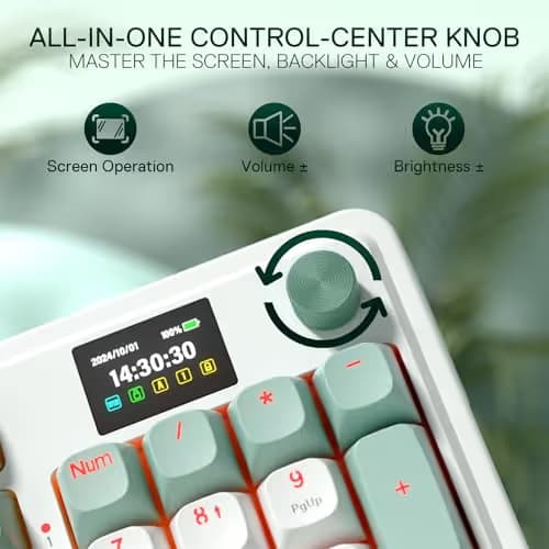 Redragon K719 Wireless Gasket Gaming Keyboard w/Hype Screen & Knob, 95 Keys Mechanical Keyboard, Easy-Control 1.14’’ TFT Info Display, 5-Layer Noise Dampening, Custom Linear Switch, Jade Cloud Color image