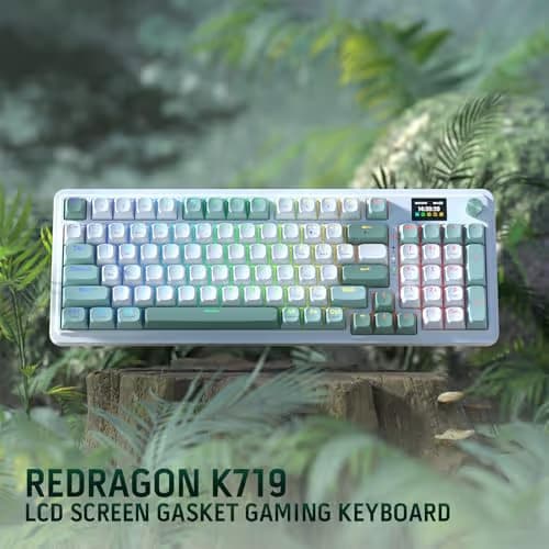 Redragon K719 Wireless Gasket Gaming Keyboard w/Hype Screen & Knob, 95 Keys Mechanical Keyboard, Easy-Control 1.14’’ TFT Info Display, 5-Layer Noise Dampening, Custom Linear Switch, Jade Cloud Color image
