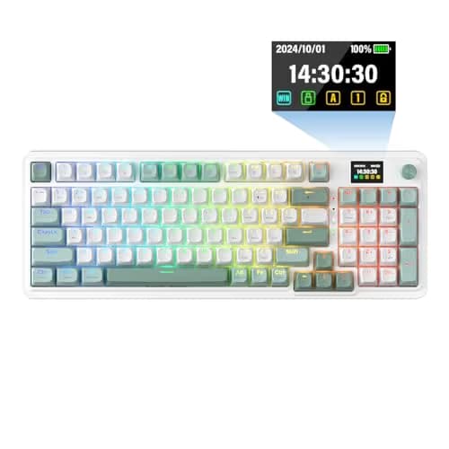 Redragon K719 Wireless Gasket Gaming Keyboard w/Hype Screen & Knob, 95 Keys Mechanical Keyboard, Easy-Control 1.14’’ TFT Info Display, 5-Layer Noise Dampening, Custom Linear Switch, Jade Cloud Color image