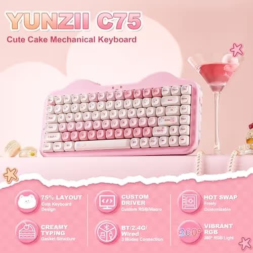YUNZII C75 Wireless Mechanical Keyboard,75% Layout, Hot-Swappable NKRO,BT5.0/2.4G/USB-C Mode,Dye-Sub PBT MOA Keycaps,RGB Gasket Mount,Cute Cake Design for Mac/Win/Gaming (Pink, Candy Switch) image