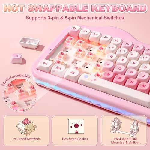 YUNZII C75 Wireless Mechanical Keyboard,75% Layout, Hot-Swappable NKRO,BT5.0/2.4G/USB-C Mode,Dye-Sub PBT MOA Keycaps,RGB Gasket Mount,Cute Cake Design for Mac/Win/Gaming (Pink, Candy Switch) image