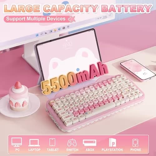 YUNZII C75 Wireless Mechanical Keyboard,75% Layout, Hot-Swappable NKRO,BT5.0/2.4G/USB-C Mode,Dye-Sub PBT MOA Keycaps,RGB Gasket Mount,Cute Cake Design for Mac/Win/Gaming (Pink, Candy Switch) image