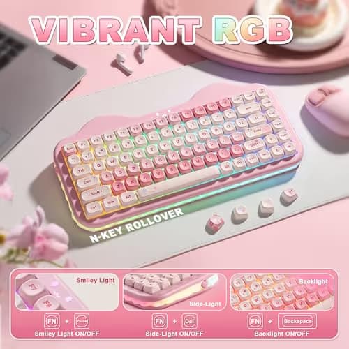 YUNZII C75 Wireless Mechanical Keyboard,75% Layout, Hot-Swappable NKRO,BT5.0/2.4G/USB-C Mode,Dye-Sub PBT MOA Keycaps,RGB Gasket Mount,Cute Cake Design for Mac/Win/Gaming (Pink, Candy Switch) image
