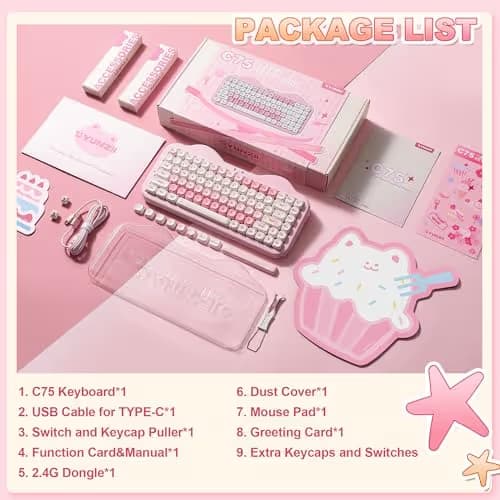 YUNZII C75 Wireless Mechanical Keyboard,75% Layout, Hot-Swappable NKRO,BT5.0/2.4G/USB-C Mode,Dye-Sub PBT MOA Keycaps,RGB Gasket Mount,Cute Cake Design for Mac/Win/Gaming (Pink, Candy Switch) image
