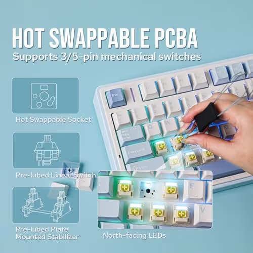 EPOMAKER x Aula F75 Gasket Mechanical Keyboard, 75% Wireless Hot Swappable Gaming Keyboard with Five-Layer Padding&Knob, BT/2.4GHz/USB-C, RGB (Sea Salt Blue, Ice Vein Switch) image