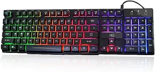 Rii RK100+ Multiple Color Rainbow LED Backlit Large Size USB Wired Mechanical Feeling Multimedia PC Gaming Keyboard,Office Keyboard for Working or Primer Gaming,Office Device main image