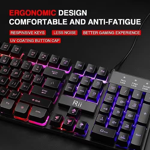 Rii RK100+ Multiple Color Rainbow LED Backlit Large Size USB Wired Mechanical Feeling Multimedia PC Gaming Keyboard,Office Keyboard for Working or Primer Gaming,Office Device image