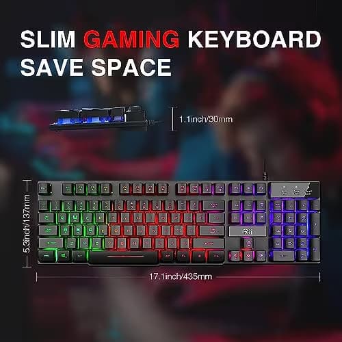 Rii RK100+ Multiple Color Rainbow LED Backlit Large Size USB Wired Mechanical Feeling Multimedia PC Gaming Keyboard,Office Keyboard for Working or Primer Gaming,Office Device image