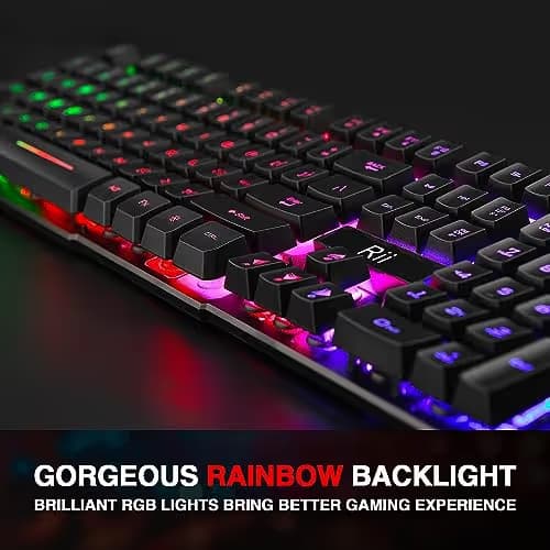 Rii RK100+ Multiple Color Rainbow LED Backlit Large Size USB Wired Mechanical Feeling Multimedia PC Gaming Keyboard,Office Keyboard for Working or Primer Gaming,Office Device image