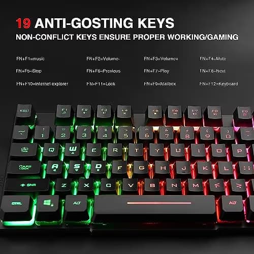 Rii RK100+ Multiple Color Rainbow LED Backlit Large Size USB Wired Mechanical Feeling Multimedia PC Gaming Keyboard,Office Keyboard for Working or Primer Gaming,Office Device image