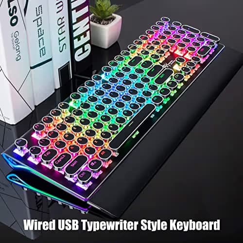 RK ROYAL KLUDGE S108 Typewriter Mechanical Keyboard, Full RGB Gaming Keyboard, Wired PC Game Keyboards with Number Pad and Detachable Wrist Rest, Retro Round Keycaps, Brown Switches Black image