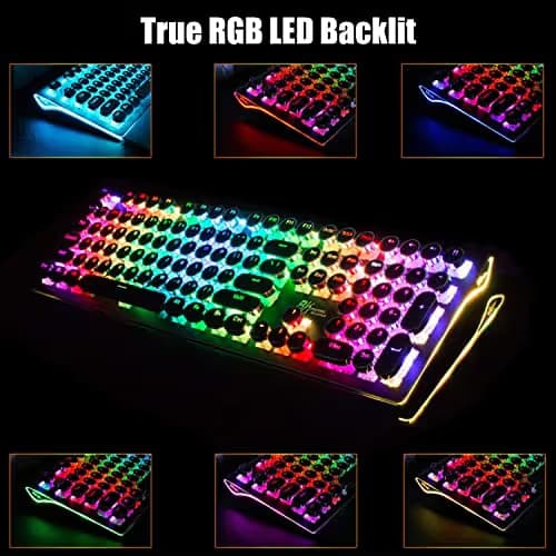 RK ROYAL KLUDGE S108 Typewriter Mechanical Keyboard, Full RGB Gaming Keyboard, Wired PC Game Keyboards with Number Pad and Detachable Wrist Rest, Retro Round Keycaps, Brown Switches Black image