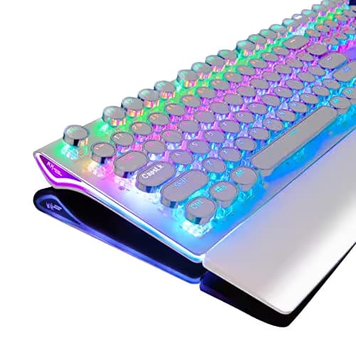 RK ROYAL KLUDGE S108 Typewriter Mechanical Keyboard, Full RGB Gaming Keyboard, Wired PC Game Keyboards with Detachable Wrist Rest and Number Pad, Retro Round Keycaps, Brown Switch White image