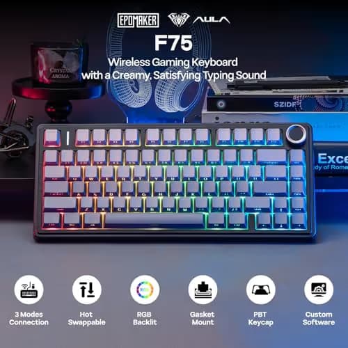 EPOMAKER x Aula F75 Gasket Mechanical Keyboard, 75% Wireless Hot Swappable Gaming Keyboard with Five-Layer Padding&Knob, BT/2.4GHz/USB-C, RGB (Black Gradient, LEOBOG Reaper Switch) image
