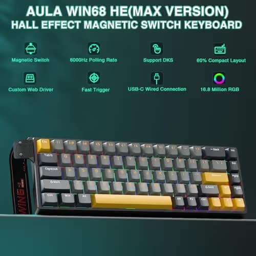 AULA WIN68 HE MAX - Hall Effect Gaming Keyboard with Magnetic Switch, Adjustable Actuation Fast Trigger Mode, 8KHz Polling Rate, RGB Backlit Wired Mechanical Gaming Keyboard 60 Percent image