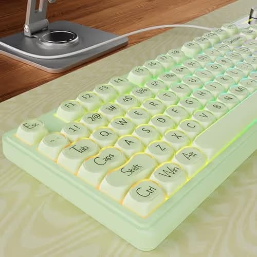 EWEADN V102 Wired Keyboard, 98 Keys Creamy Gaming Keyboard with Number Pad, Display Screen & Media Knob RGB Silent Wired Cute Computer Keyboard for Laptop PC Gamer - Green image