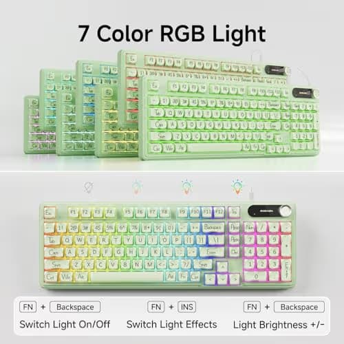 EWEADN V102 Wired Keyboard, 98 Keys Creamy Gaming Keyboard with Number Pad, Display Screen & Media Knob RGB Silent Wired Cute Computer Keyboard for Laptop PC Gamer - Green image