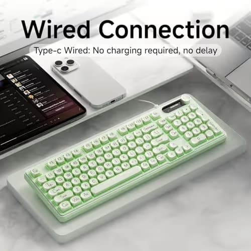 EWEADN V102 Wired Keyboard, 98 Keys Creamy Gaming Keyboard with Number Pad, Display Screen & Media Knob RGB Silent Wired Cute Computer Keyboard for Laptop PC Gamer - Green image