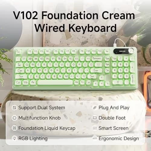 EWEADN V102 Wired Keyboard, 98 Keys Creamy Gaming Keyboard with Number Pad, Display Screen & Media Knob RGB Silent Wired Cute Computer Keyboard for Laptop PC Gamer - Green image