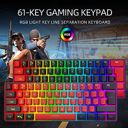 Snpurdiri 60% Wired Gaming Keyboard,True RGB Small Compact 61 Keys Mini Keyboard for PC/Mac Gamer, Typist, Travel, Easy to Carry on Business Trip(Black-Red) image