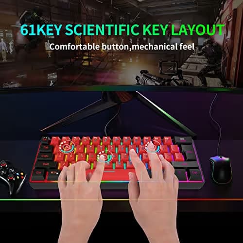 Snpurdiri 60% Wired Gaming Keyboard,True RGB Small Compact 61 Keys Mini Keyboard for PC/Mac Gamer, Typist, Travel, Easy to Carry on Business Trip(Black-Red) image