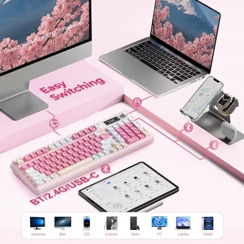 AULA S99pro Wireless Gaming Keyboard, Tri-Mode Computer Keyboard with Number Pad, RGB Backlit Media Knob Programmable Creamy Keyboard - Pink image