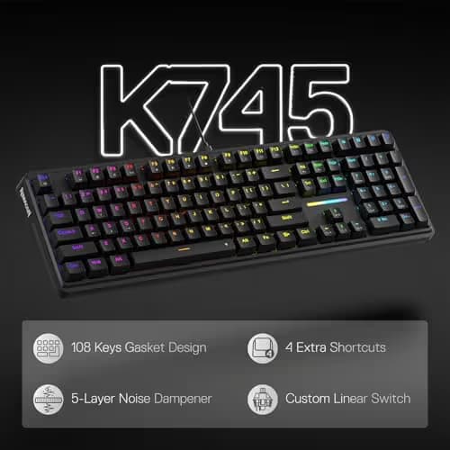 Redragon K745 Wired Gasket RGB Gaming Keyboard, 108 Keys Mechanical Keyboard w/Extra 4 Hotkeys, Upgraded Hot-swappable Socket, 5-Layer Noise Dampening, Creamy & Thocky Custom Linear Switch image