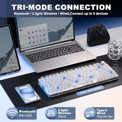 YUNZII X98 QMK/VIA Wireless Mechanical Gaming Keyboard with Knob,Tri-Mode BT5.0/USB-C/2.4GHz Hot Swappable Keyboard,Pre-lubed Switches Gasket Mount RGB Backlit for Wins/Mac (White, Crystal Switch) image