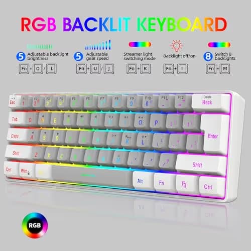 Snpurdiri 60% Wired Gaming Keyboard, SmallUltra-Compact 61 Keys RGB Backlit 60 Percent Gaming Keyboard for PC/Mac Gamer, Typist, Travel, Easy to Carry on Business Trip(White-Grey) image