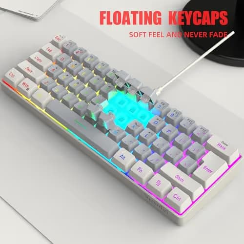 Snpurdiri 60% Wired Gaming Keyboard, SmallUltra-Compact 61 Keys RGB Backlit 60 Percent Gaming Keyboard for PC/Mac Gamer, Typist, Travel, Easy to Carry on Business Trip(White-Grey) image