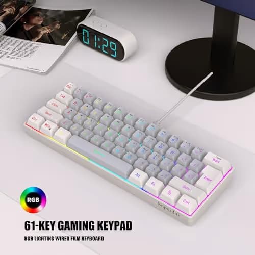 Snpurdiri 60% Wired Gaming Keyboard, SmallUltra-Compact 61 Keys RGB Backlit 60 Percent Gaming Keyboard for PC/Mac Gamer, Typist, Travel, Easy to Carry on Business Trip(White-Grey) image