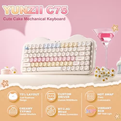 YUNZII C75 Wireless Mechanical Keyboard,75% Layout, Hot-Swappable NKRO,BT5.0/2.4G/USB-C Mode,Dye-Sub PBT MOA Keycaps,RGB Gasket Mount,Cute Cake Design for Mac/Win/Gaming (Beige, Milk V2 Switch) image