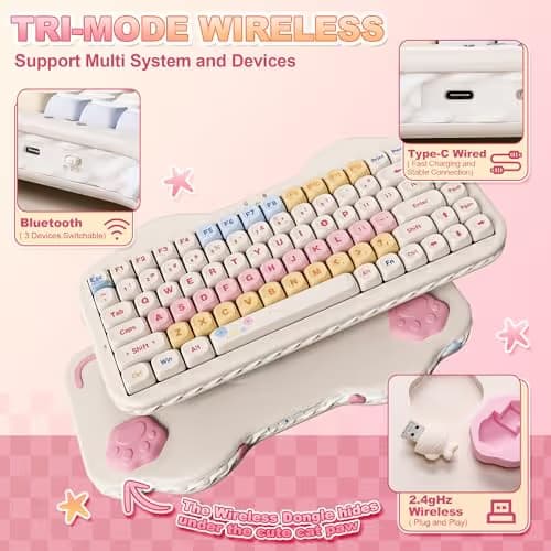 YUNZII C75 Wireless Mechanical Keyboard,75% Layout, Hot-Swappable NKRO,BT5.0/2.4G/USB-C Mode,Dye-Sub PBT MOA Keycaps,RGB Gasket Mount,Cute Cake Design for Mac/Win/Gaming (Beige, Milk V2 Switch) image