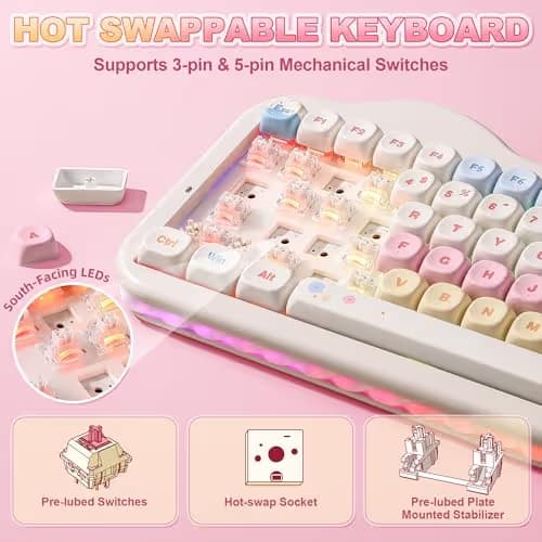 YUNZII C75 Wireless Mechanical Keyboard,75% Layout, Hot-Swappable NKRO,BT5.0/2.4G/USB-C Mode,Dye-Sub PBT MOA Keycaps,RGB Gasket Mount,Cute Cake Design for Mac/Win/Gaming (Beige, Milk V2 Switch) image