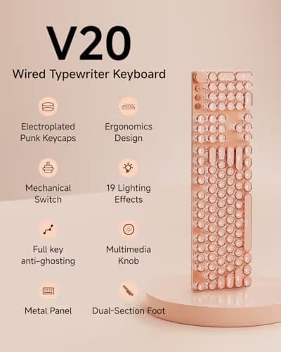 SEUNKWANG EWEADN Typewriter Style Mechanical Keyboard, Wired Typewriter Keyboard,104 Keys Retro Typewriter Keyboards, Media Control Knob, Wired Computer Keyboard Pink Switch for Windows/PC-Pink image