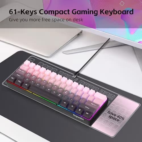 Snpurdiri 60% Wired Gaming Keyboard, 61 Keys RGB Backlit Ultra-Compact Small Gaming Keyboard, for PC/Mac Gamer, Typist, Travel, Easy to Carry on Business Trip (Pink-Black) image