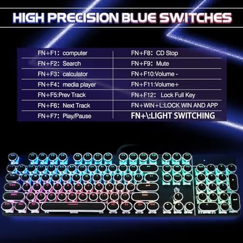 YSCP Typewriter Style Mechanical Gaming Keyboard RGB Backlit Wired with Blue Switch Retro Round Keycap 104 Keys Keyboard (R-Black) image