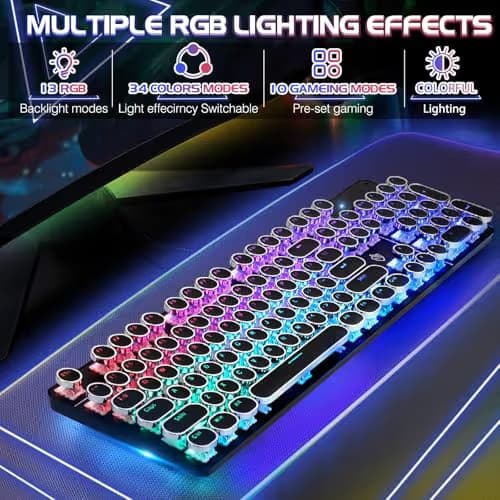 YSCP Typewriter Style Mechanical Gaming Keyboard RGB Backlit Wired with Blue Switch Retro Round Keycap 104 Keys Keyboard (R-Black) image