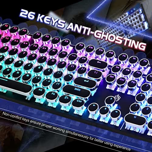 YSCP Typewriter Style Mechanical Gaming Keyboard RGB Backlit Wired with Blue Switch Retro Round Keycap 104 Keys Keyboard (R-Black) image