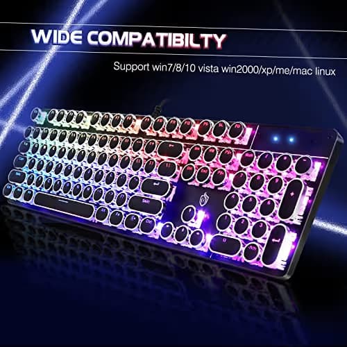 YSCP Typewriter Style Mechanical Gaming Keyboard RGB Backlit Wired with Blue Switch Retro Round Keycap 104 Keys Keyboard (R-Black) image