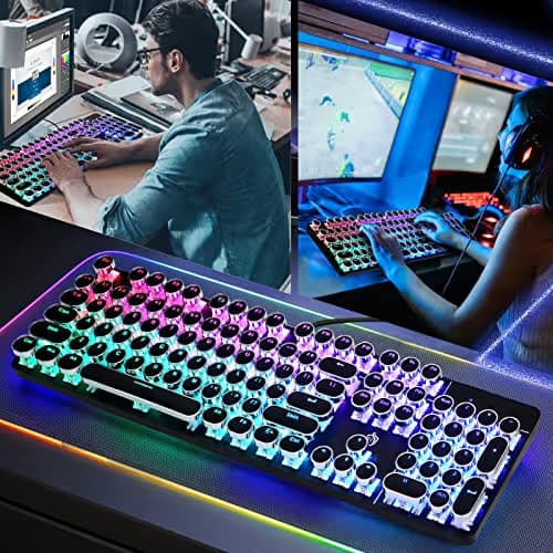 YSCP Typewriter Style Mechanical Gaming Keyboard RGB Backlit Wired with Blue Switch Retro Round Keycap 104 Keys Keyboard (R-Black) image