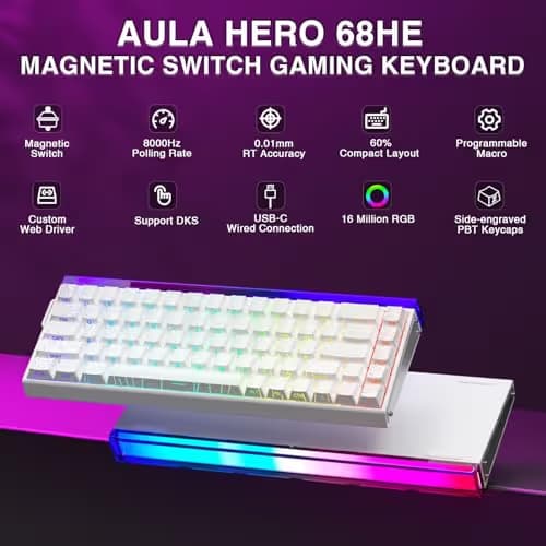 AULA Hero 68 HE 60% Gaming Keyboard Wired, Hall Effect Magnetic Switch Keyboard with 8K Hz Polling Rate, Side Printed PBT Keycaps, RGB Backlit Light Box, Customizable Web Software for PC/Mac Gamers image