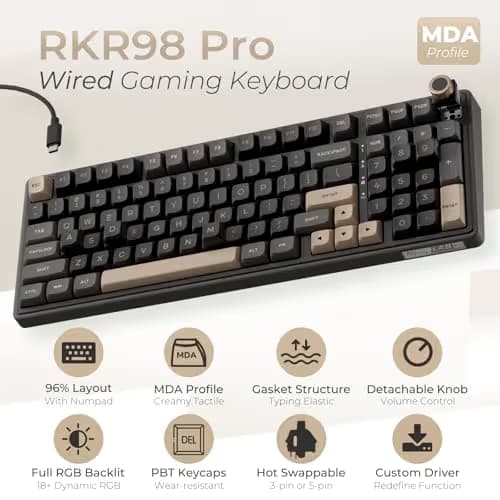RK ROYAL KLUDGE R98 Pro Wired Mechanical Keyboard, 96% Creamy Gaming Keyboard RGB Backlit with Number Pad and Volume Knob, Gasket Mount, MDA Profile PBT Keycaps, Hot Swappable Pre-lubed Linear Switch image