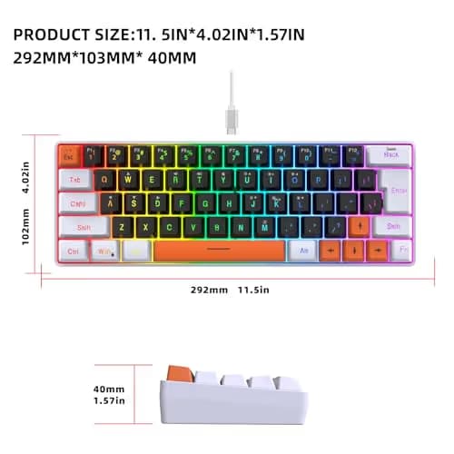 Snpurdiri 60 Percent Wired Gaming Keyboard, 63 Keys RGB Backlit Small Gaming Keyboard for PC, Gamer, Typist, Travel, Easy to Carry on Business Trip(Black-White-Orange) image