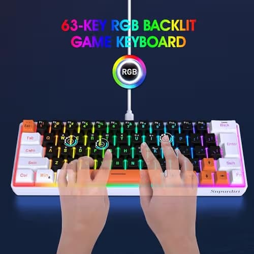 Snpurdiri 60 Percent Wired Gaming Keyboard, 63 Keys RGB Backlit Small Gaming Keyboard for PC, Gamer, Typist, Travel, Easy to Carry on Business Trip(Black-White-Orange) image