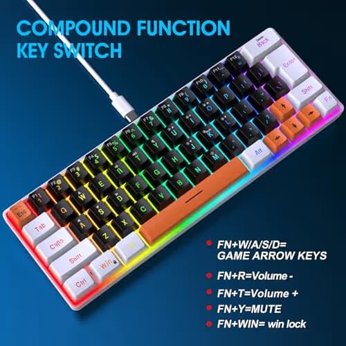 Snpurdiri 60 Percent Wired Gaming Keyboard, 63 Keys RGB Backlit Small Gaming Keyboard for PC, Gamer, Typist, Travel, Easy to Carry on Business Trip(Black-White-Orange) image