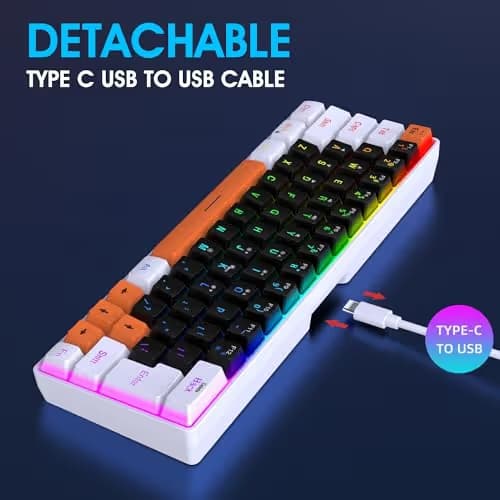 Snpurdiri 60 Percent Wired Gaming Keyboard, 63 Keys RGB Backlit Small Gaming Keyboard for PC, Gamer, Typist, Travel, Easy to Carry on Business Trip(Black-White-Orange) image