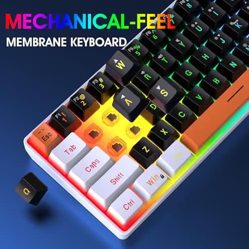 Snpurdiri 60 Percent Wired Gaming Keyboard, 63 Keys RGB Backlit Small Gaming Keyboard for PC, Gamer, Typist, Travel, Easy to Carry on Business Trip(Black-White-Orange) image
